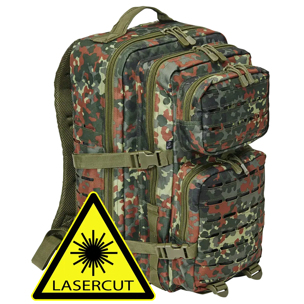 US Cooper Lasercut Large backpack featuring lasercut MOLLE system, padded straps, and adjustable waist strap in a rugged outdoor setting.