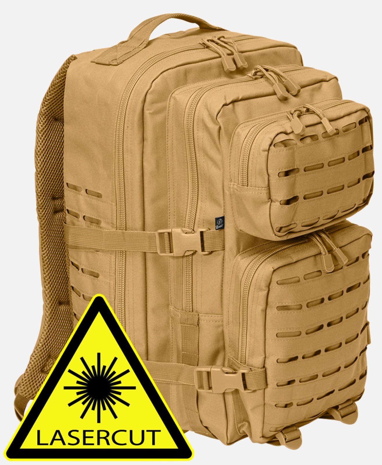 US Cooper Lasercut Large backpack featuring lasercut MOLLE system, padded straps, and adjustable waist strap in a rugged outdoor setting.