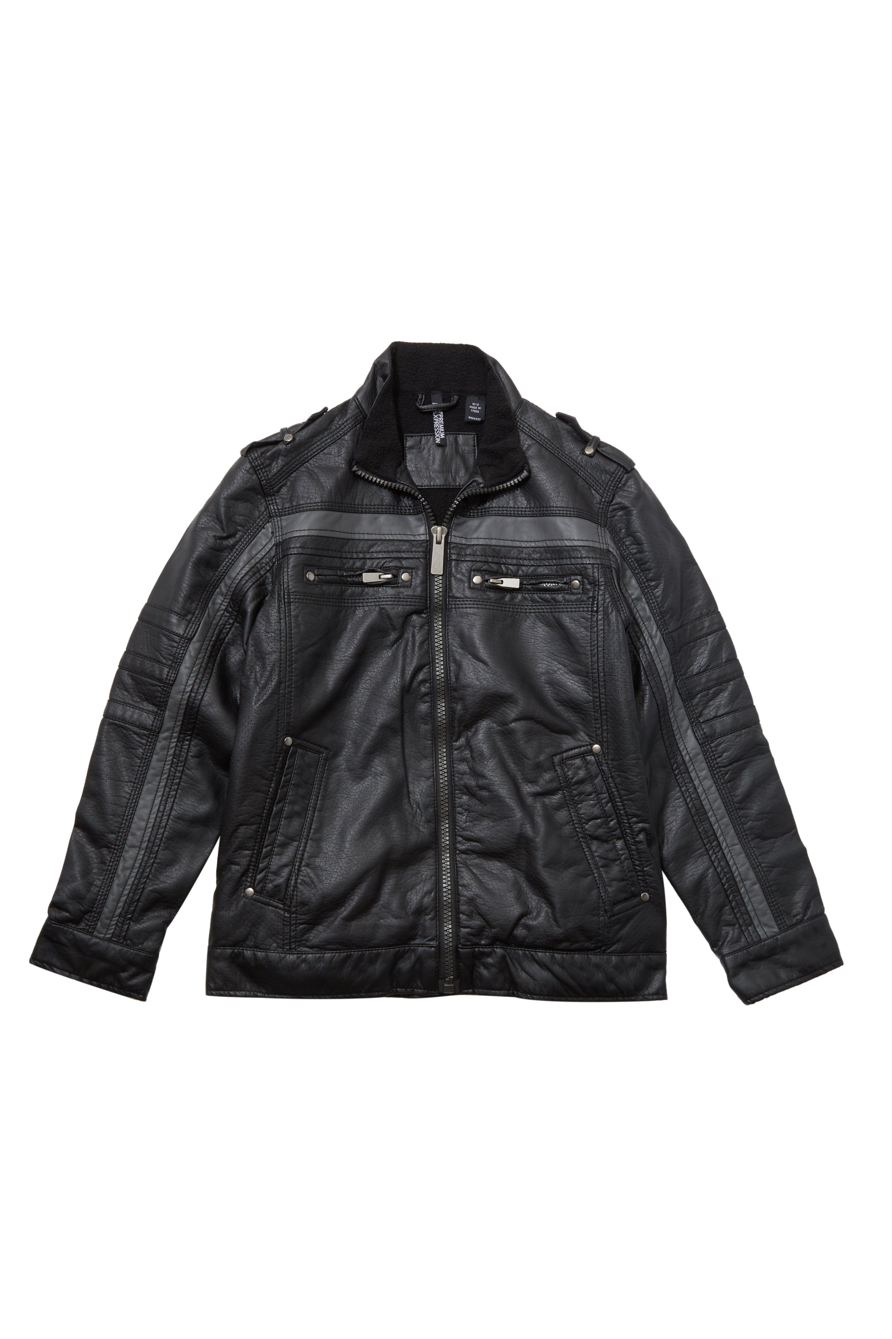 Vegan leather moto jacket featuring a stylish grey stripe, perfect for spring and fall wear.