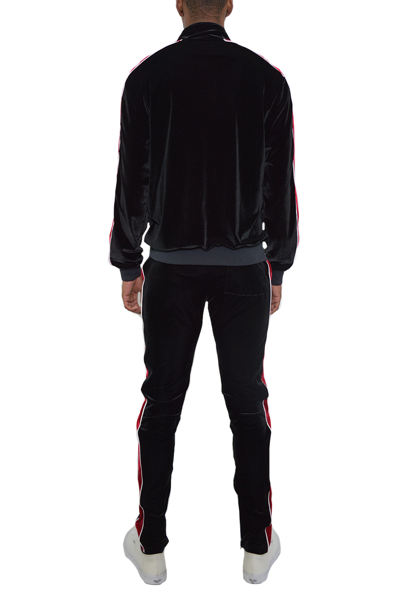 A stylish velour track set featuring a slim fit, standard pockets, and a hidden ankle zipper, perfect for casual wear.