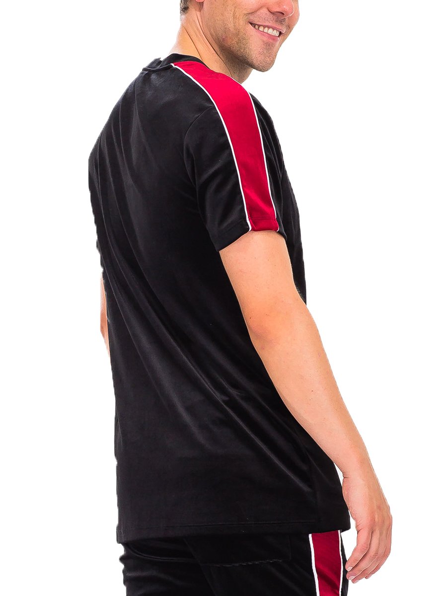 A stylish Velvet T-shirt in soft velour fabric with piping detail, displayed on a mannequin.