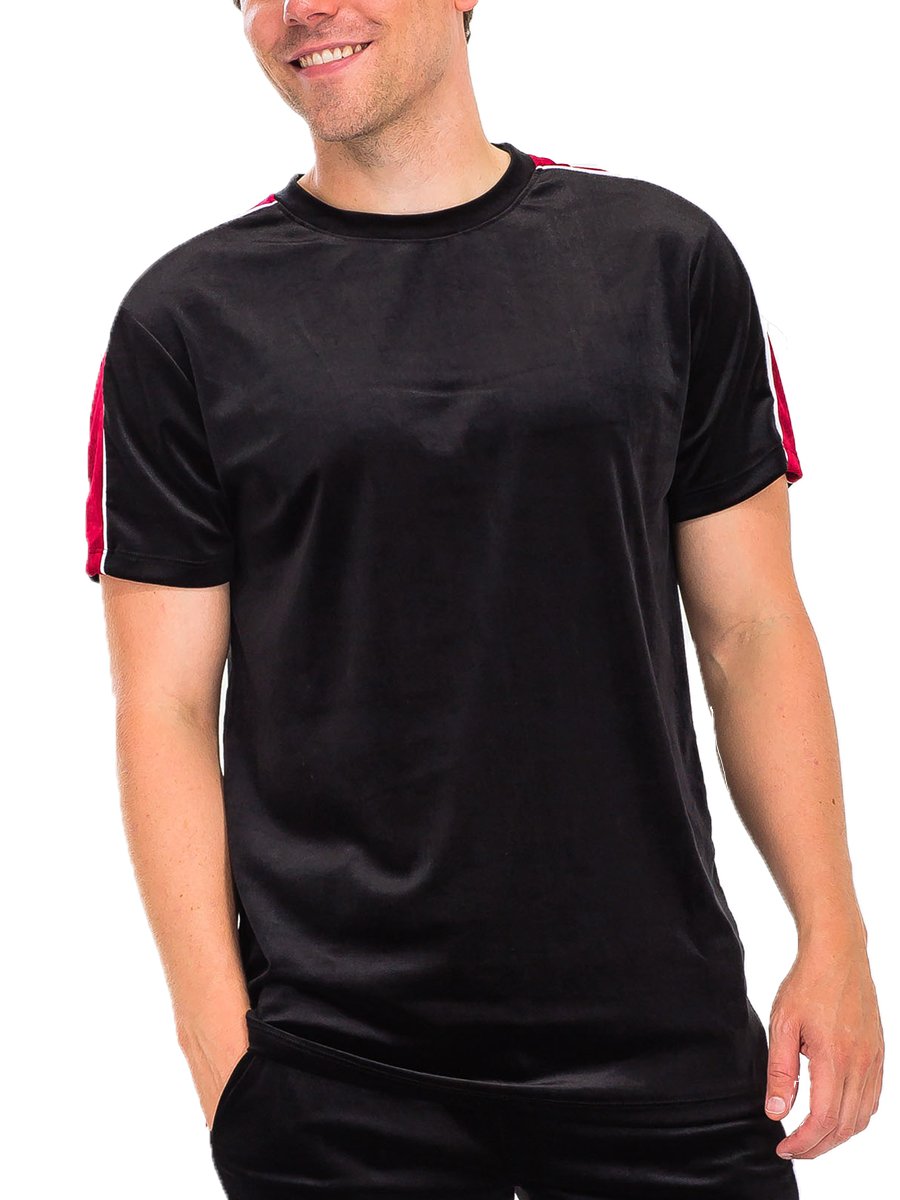 A stylish Velvet T-shirt in soft velour fabric with piping detail, displayed on a mannequin.