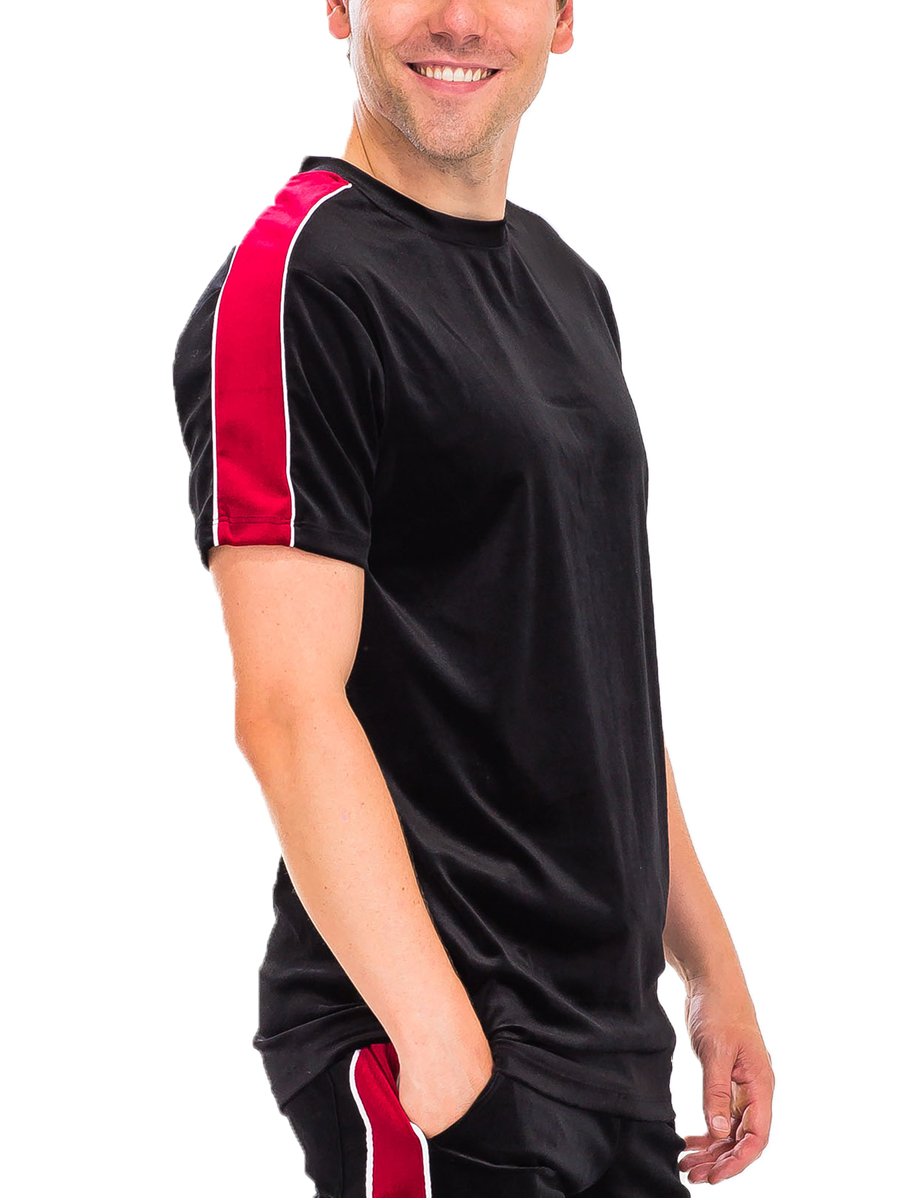 A stylish Velvet T-shirt in soft velour fabric with piping detail, displayed on a mannequin.