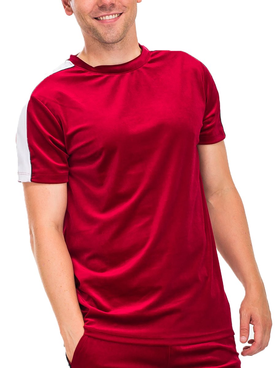 A stylish velvet T-shirt featuring soft velour fabric and elegant piping detail, displayed on a mannequin.