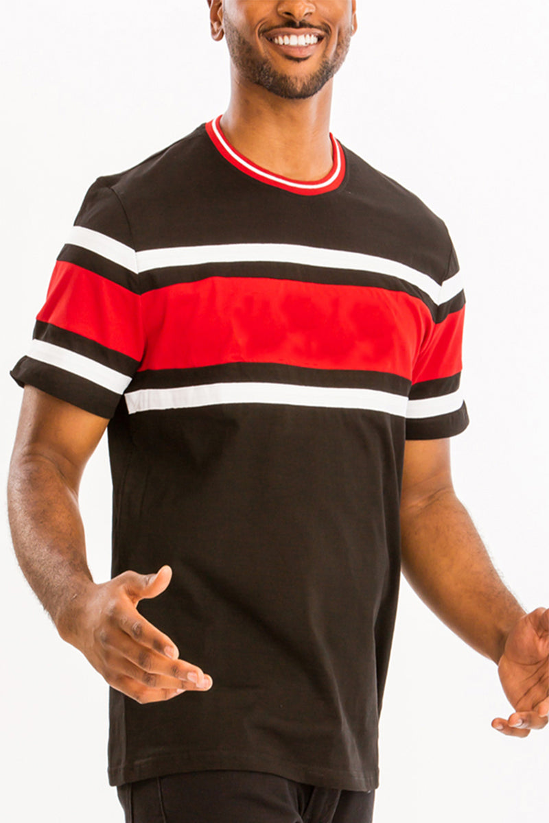 A stylish Vertical Color Block Tee made of 100% cotton, featuring vibrant vertical stripes in multiple colors.