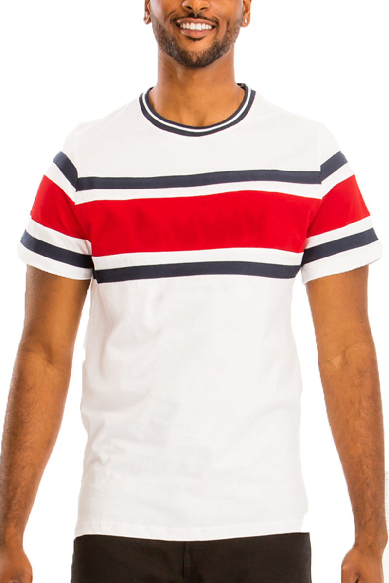 A stylish Vertical Color Block Tee made of 100% cotton, featuring vibrant vertical stripes in multiple colors.