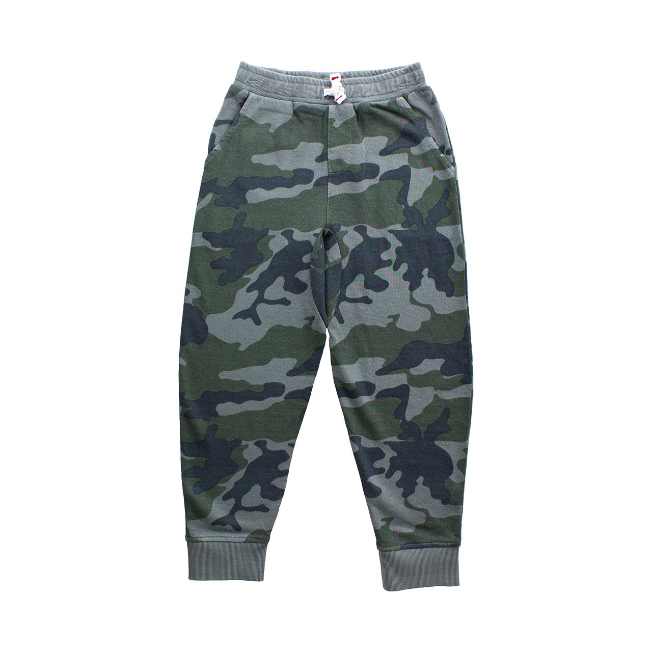 Toddler wearing Bear Camp Wade Jogger Pant in camo design with contrasting waistband and ankle cuffs.