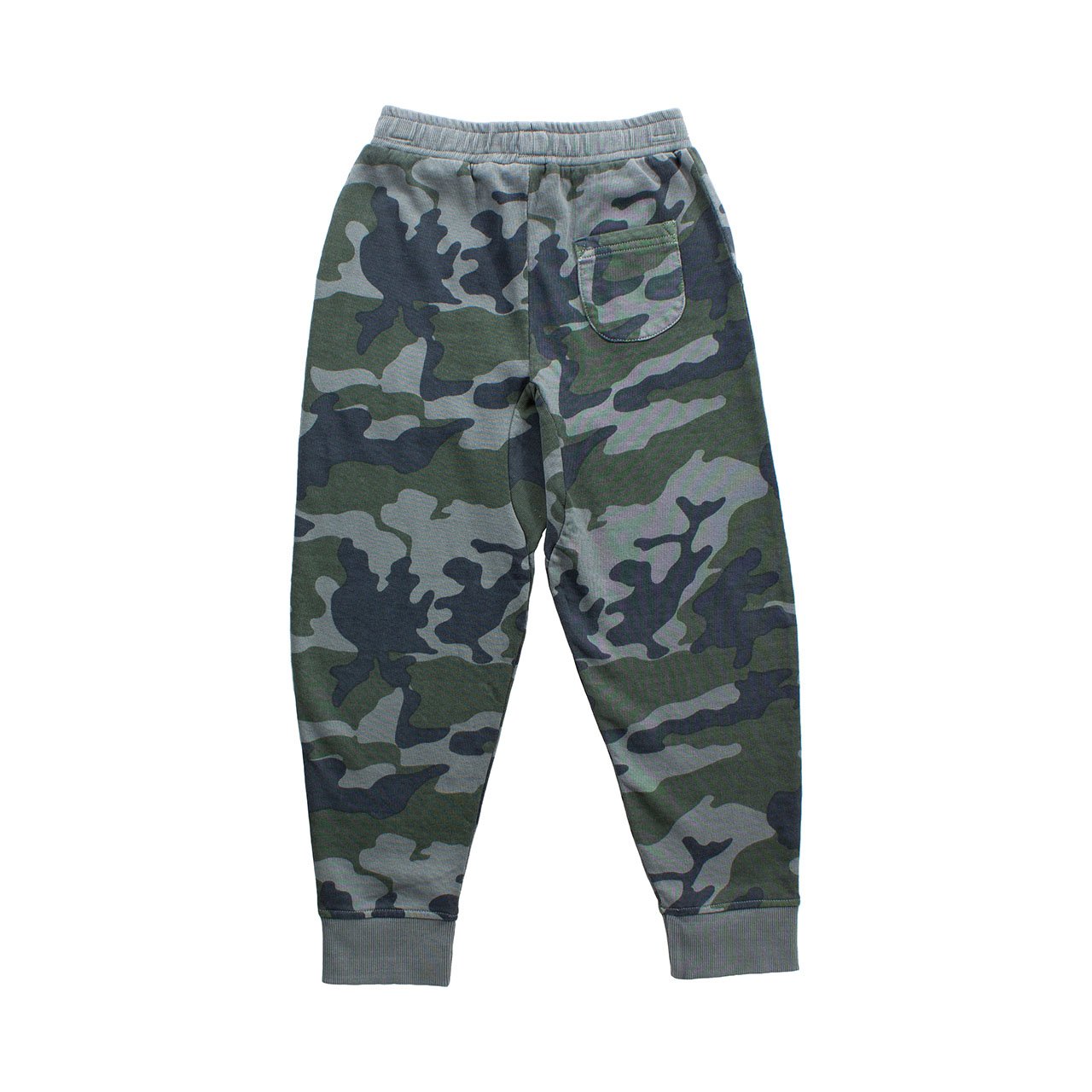 Toddler wearing Bear Camp Wade Jogger Pant in camo design with contrasting waistband and ankle cuffs.