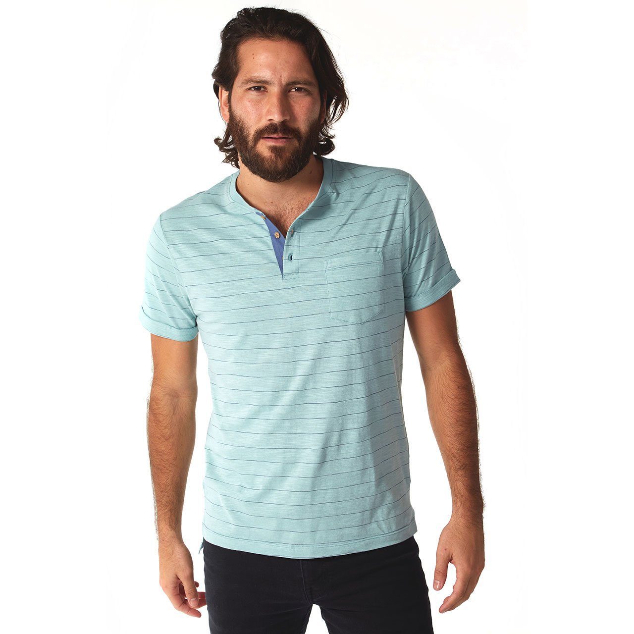 Wade Pinstripe Henley shirt featuring short sleeves, a patch pocket, and a contrast placket, made from a cotton-polyester blend.