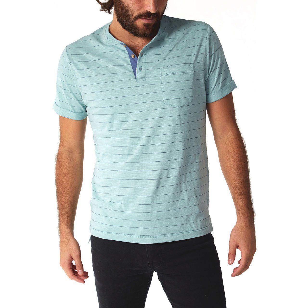 Wade Pinstripe Henley shirt featuring short sleeves, a patch pocket, and a contrast placket, made from a cotton-polyester blend.