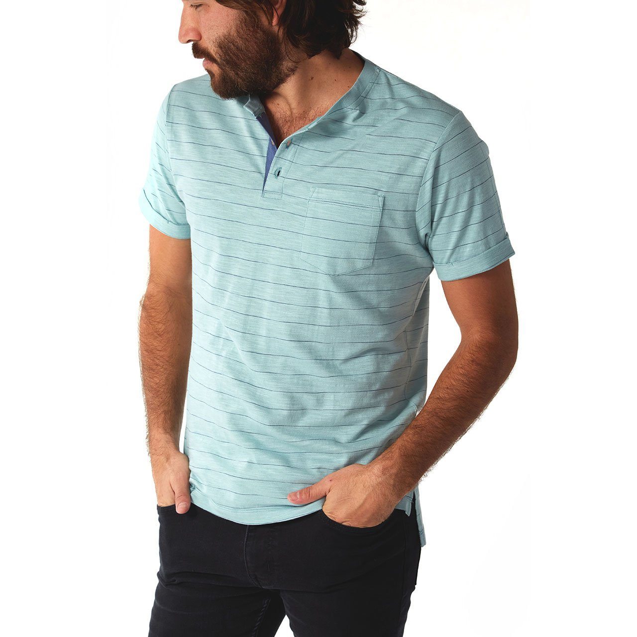 Wade Pinstripe Henley shirt featuring short sleeves, a patch pocket, and a contrast placket, made from a cotton-polyester blend.