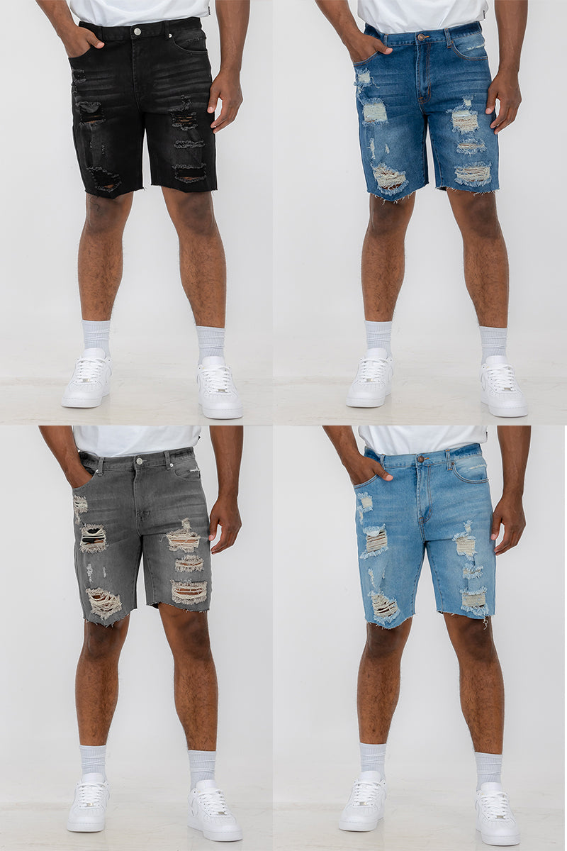 A pair of washed distressed denim shorts featuring a button closure waist and standard pockets, styled for a casual summer look.