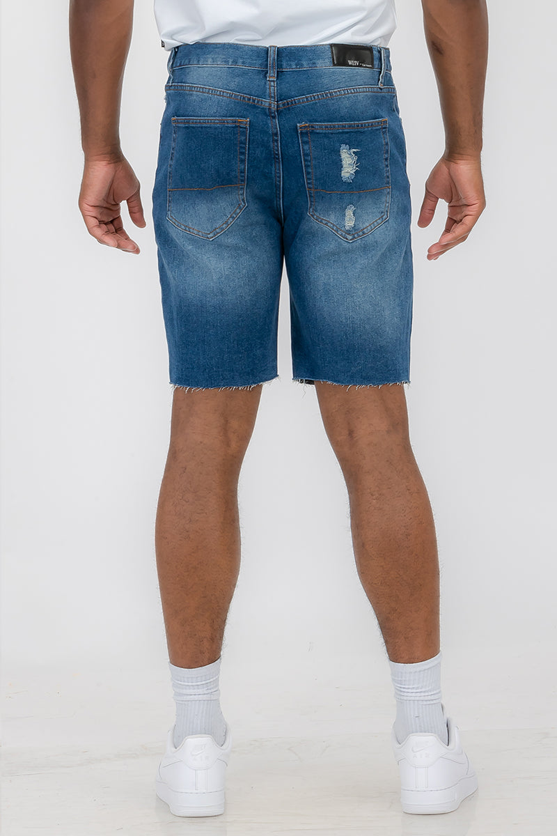 A pair of washed distressed denim shorts featuring a button closure waist and standard pockets, styled for a casual summer look.