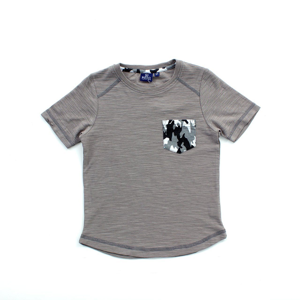 Willie Tee Baby featuring a camo print pocket in Armour Grey color, perfect for adventurous outings.