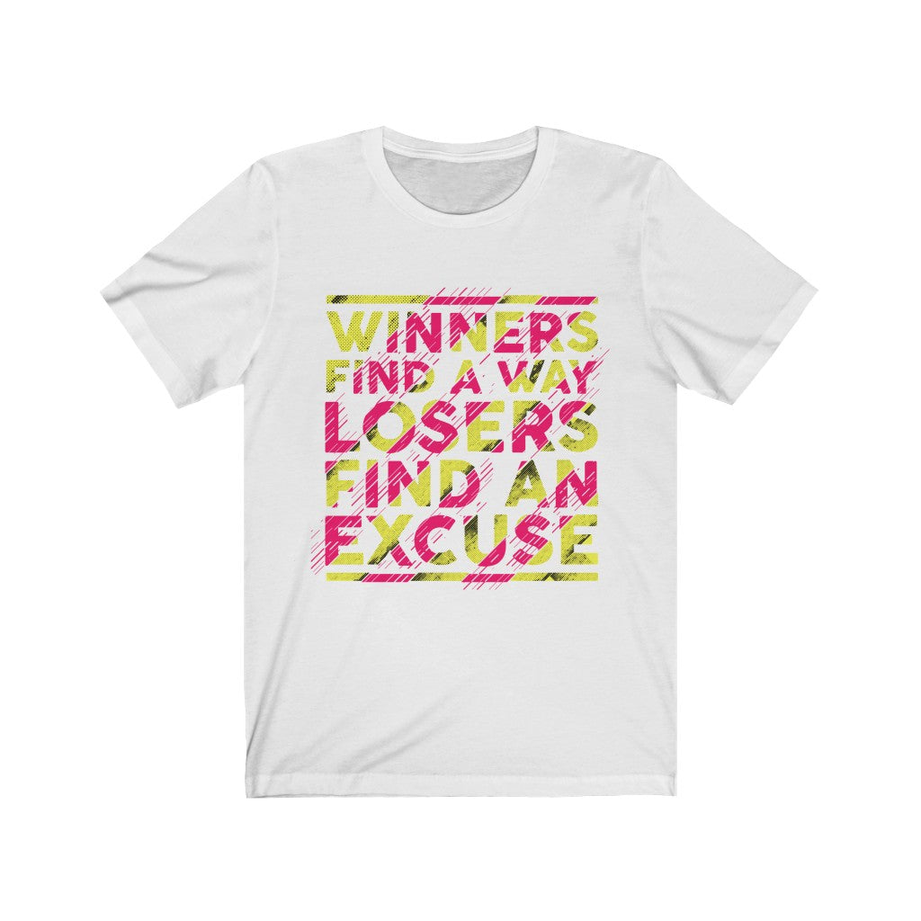 A unisex T-shirt featuring the motivational phrase 'Winners Find a Way', made from 100% soft cotton, displayed in a casual setting.