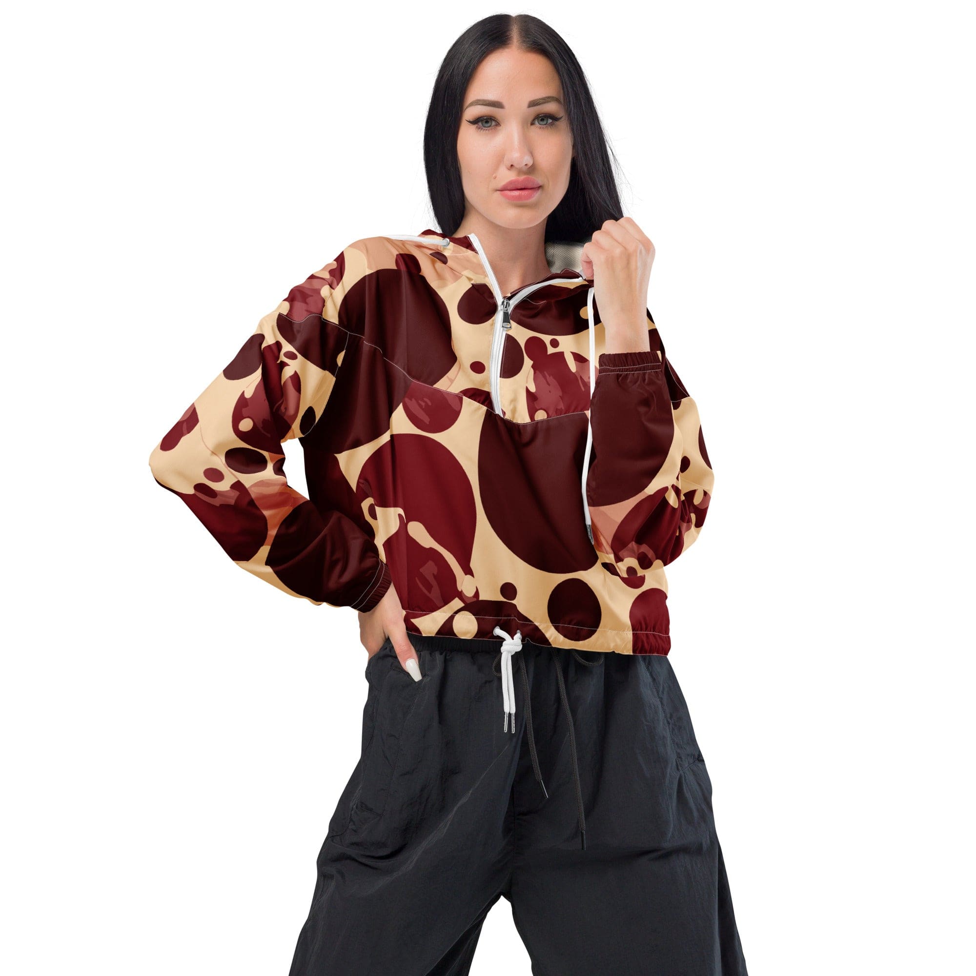 Women's Cropped Windbreaker Jacket in burgundy and beige with circular print, featuring a stylish cropped design and adjustable features.