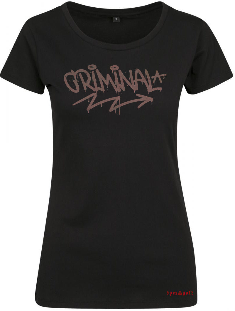 Women's Criminal T-shirt featuring trendy handmade prints, short sleeves, and a crew-neck design, made from 100% jersey cotton.