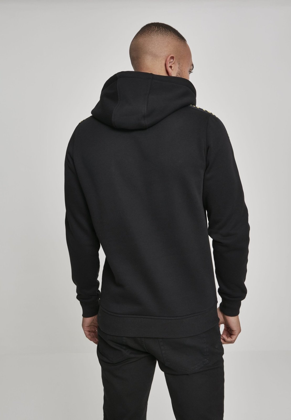 Wu-Wear Tape Hoodie featuring unique sidetape and front embroidery, crafted from soft half brushed fleece fabric.