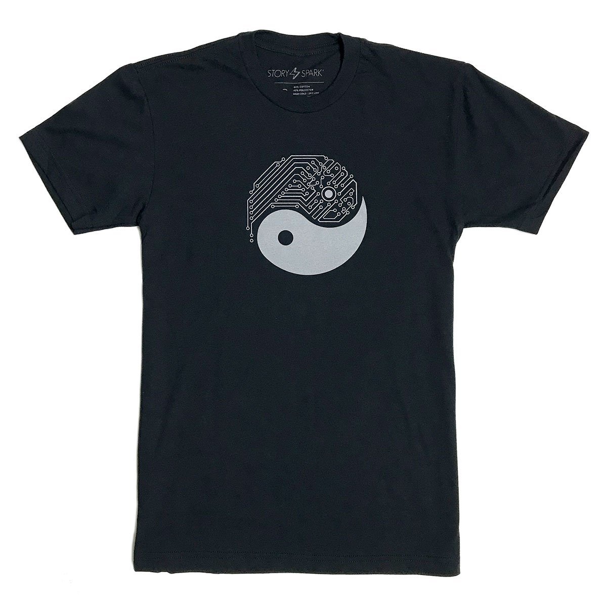 Yin Yang Tech T-Shirt in black, featuring a unique yin yang design symbolizing harmony in the digital age.