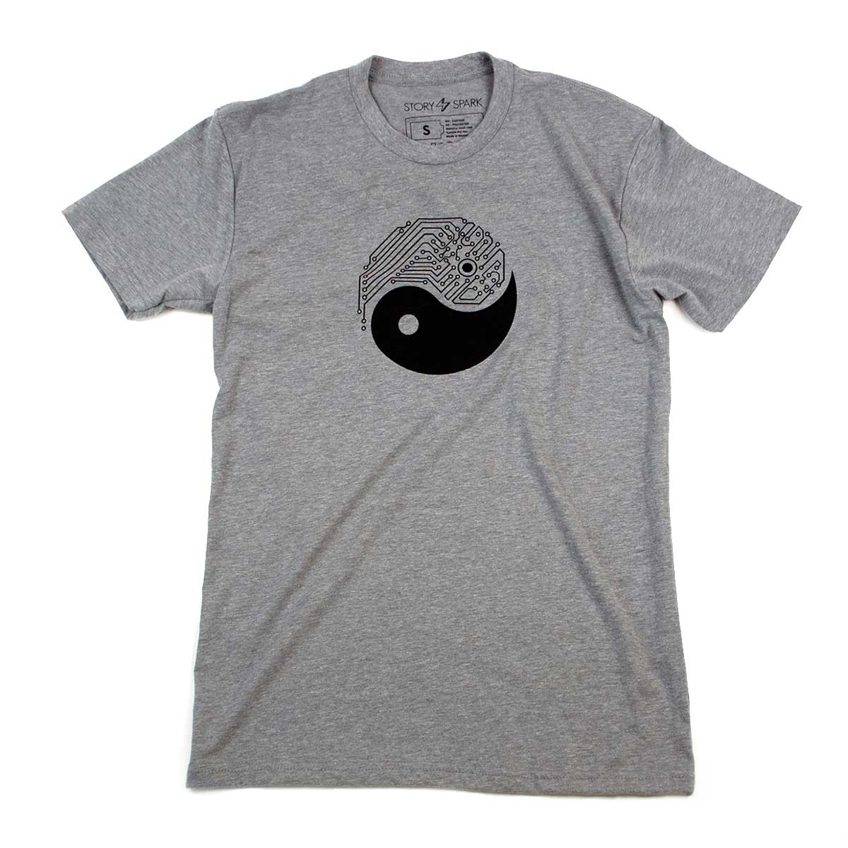 Yin Yang Tech T-Shirt in black, featuring a unique yin yang design symbolizing harmony in the digital age.