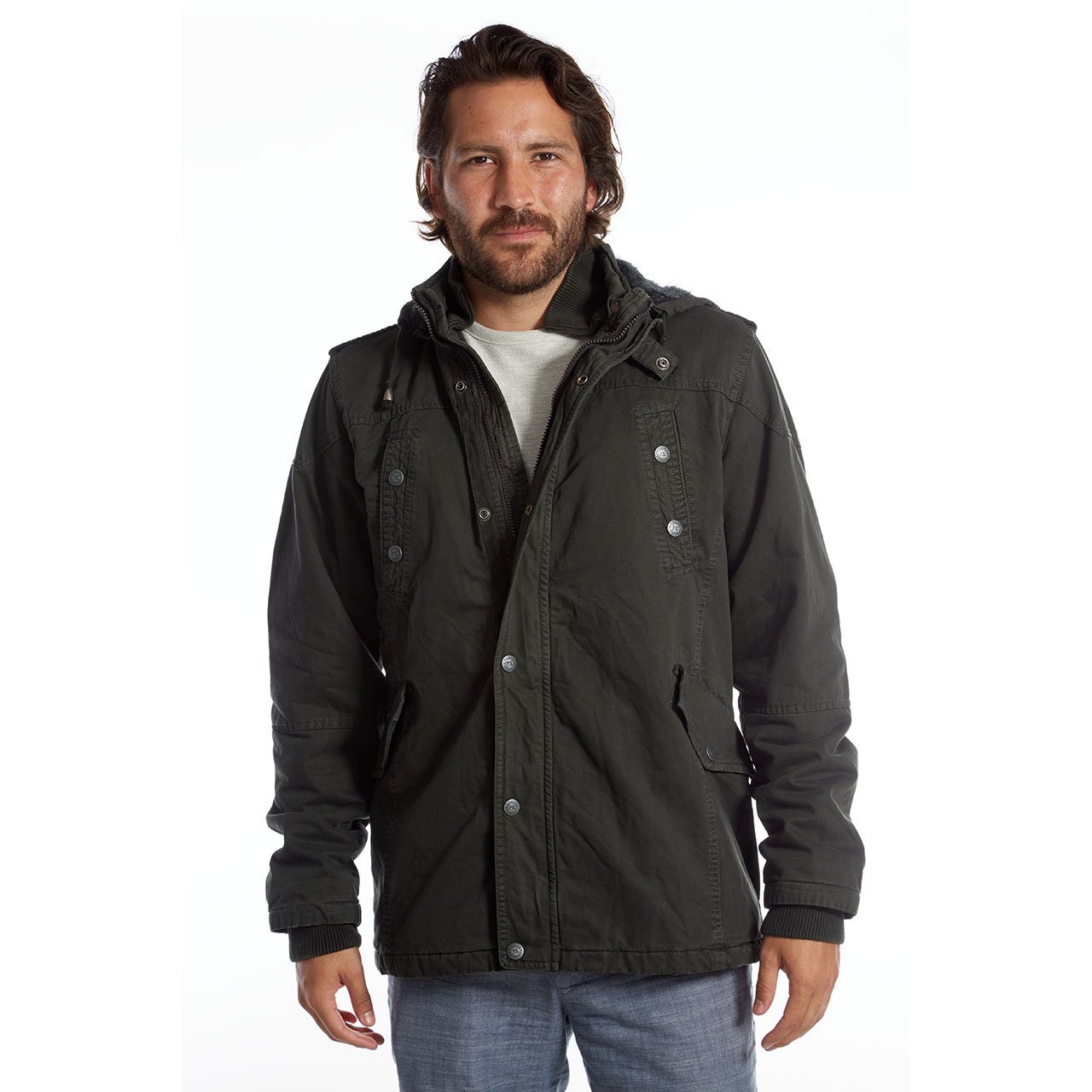 Zach Long Cotton Jacket featuring a detachable hood, sherpa lining, and multiple pockets in a stylish garment dyed design.