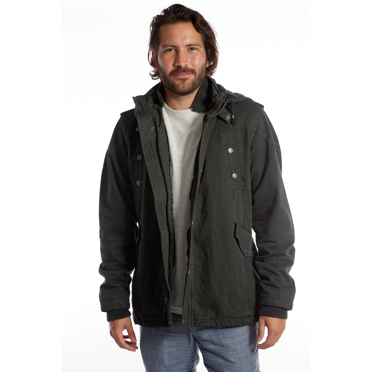 Zach Long Cotton Jacket featuring a detachable hood, sherpa lining, and multiple pockets in a stylish garment dyed design.