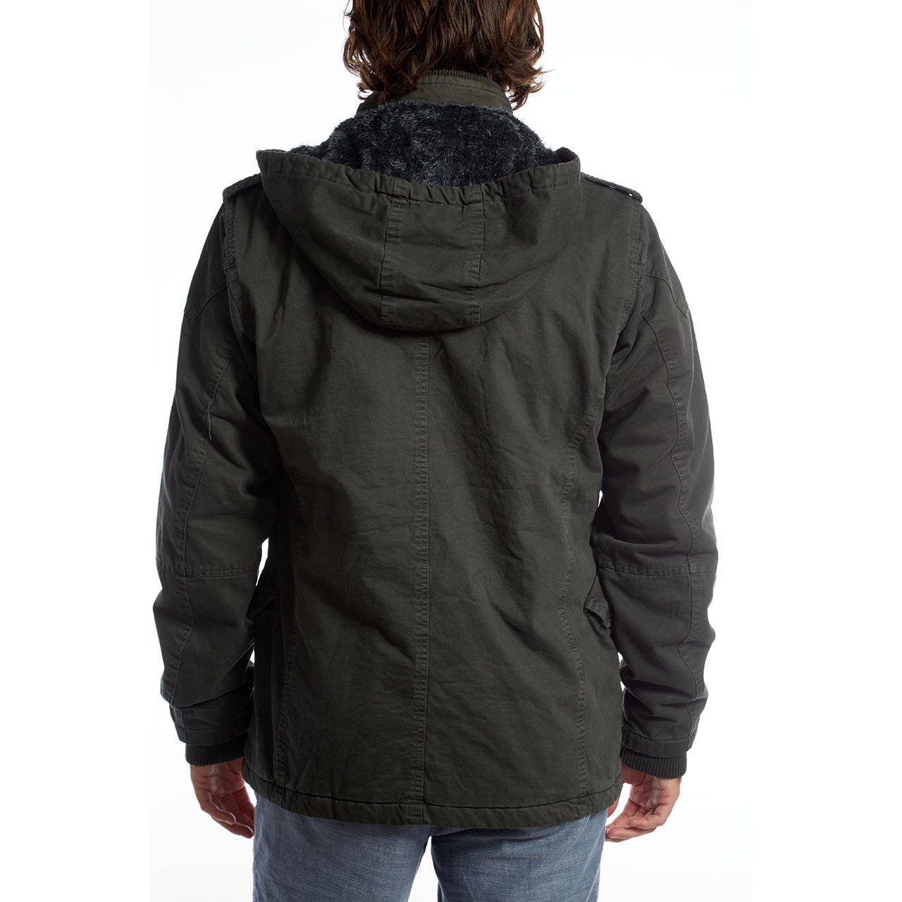 Zach Long Cotton Jacket featuring a detachable hood, sherpa lining, and multiple pockets in a stylish garment dyed design.