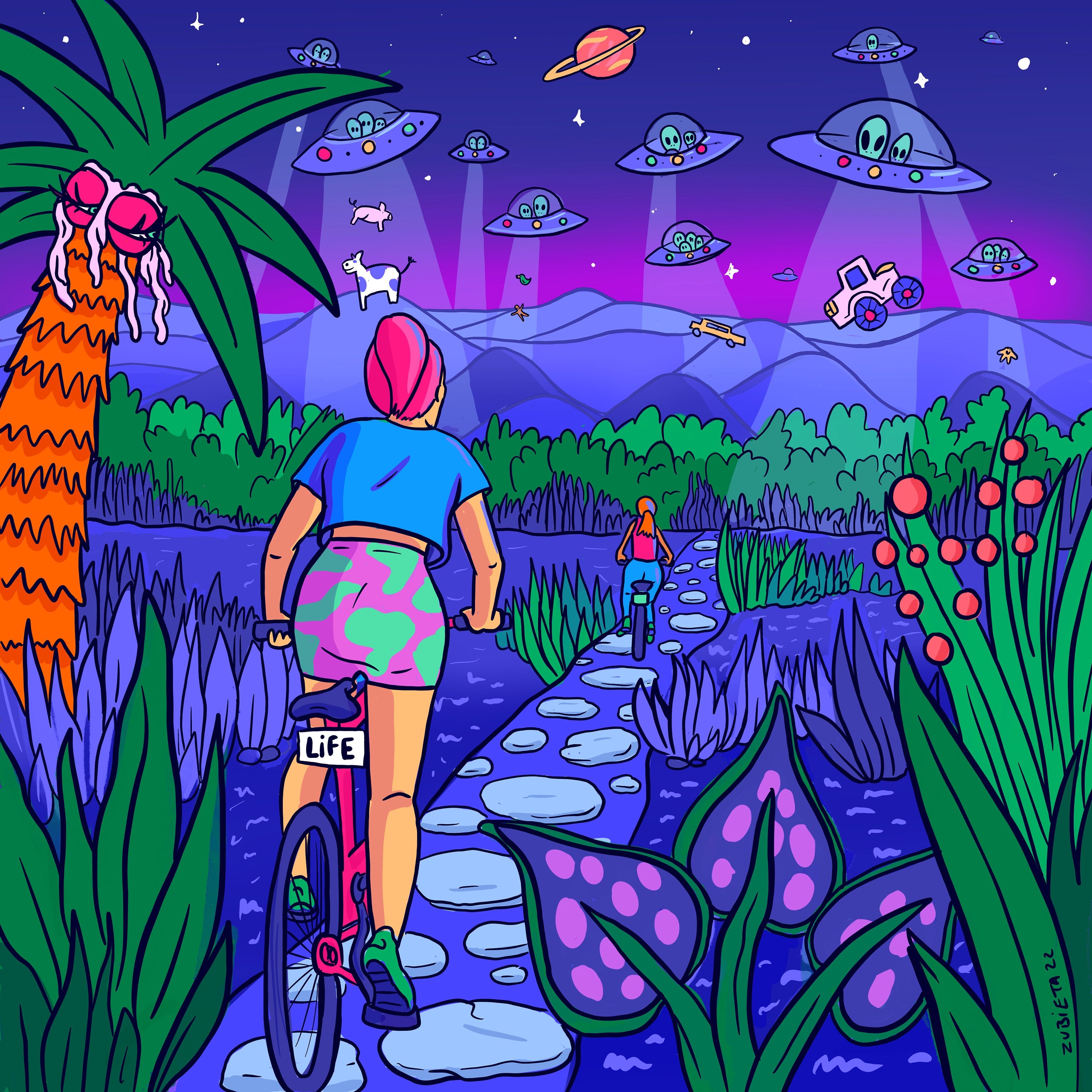 A vibrant pop surreal art print depicting a cyclist exploring the countryside while searching for UFOs, featuring whimsical colors and intricate details.