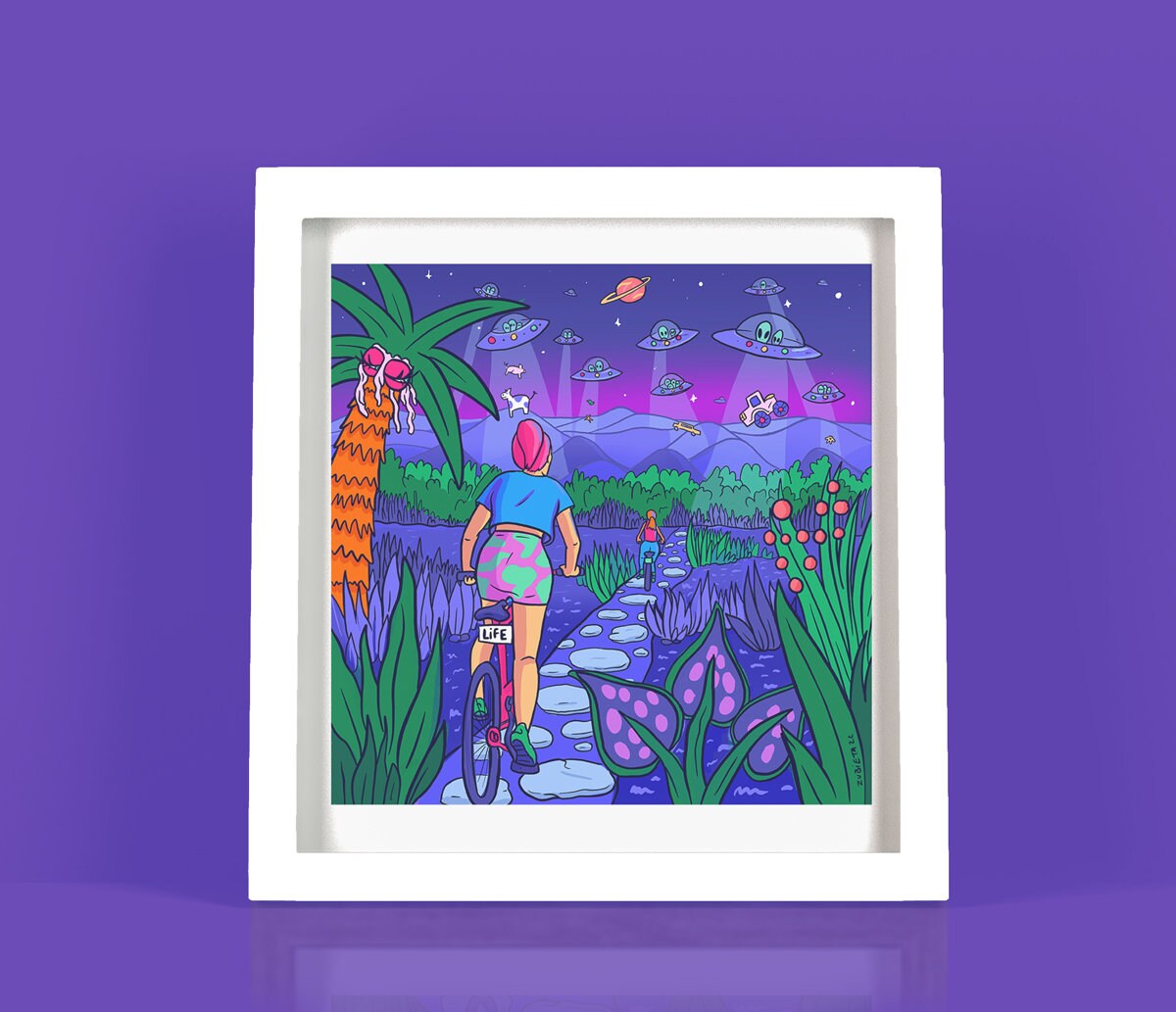 A vibrant pop surreal art print depicting a cyclist exploring the countryside while searching for UFOs, featuring whimsical colors and intricate details.