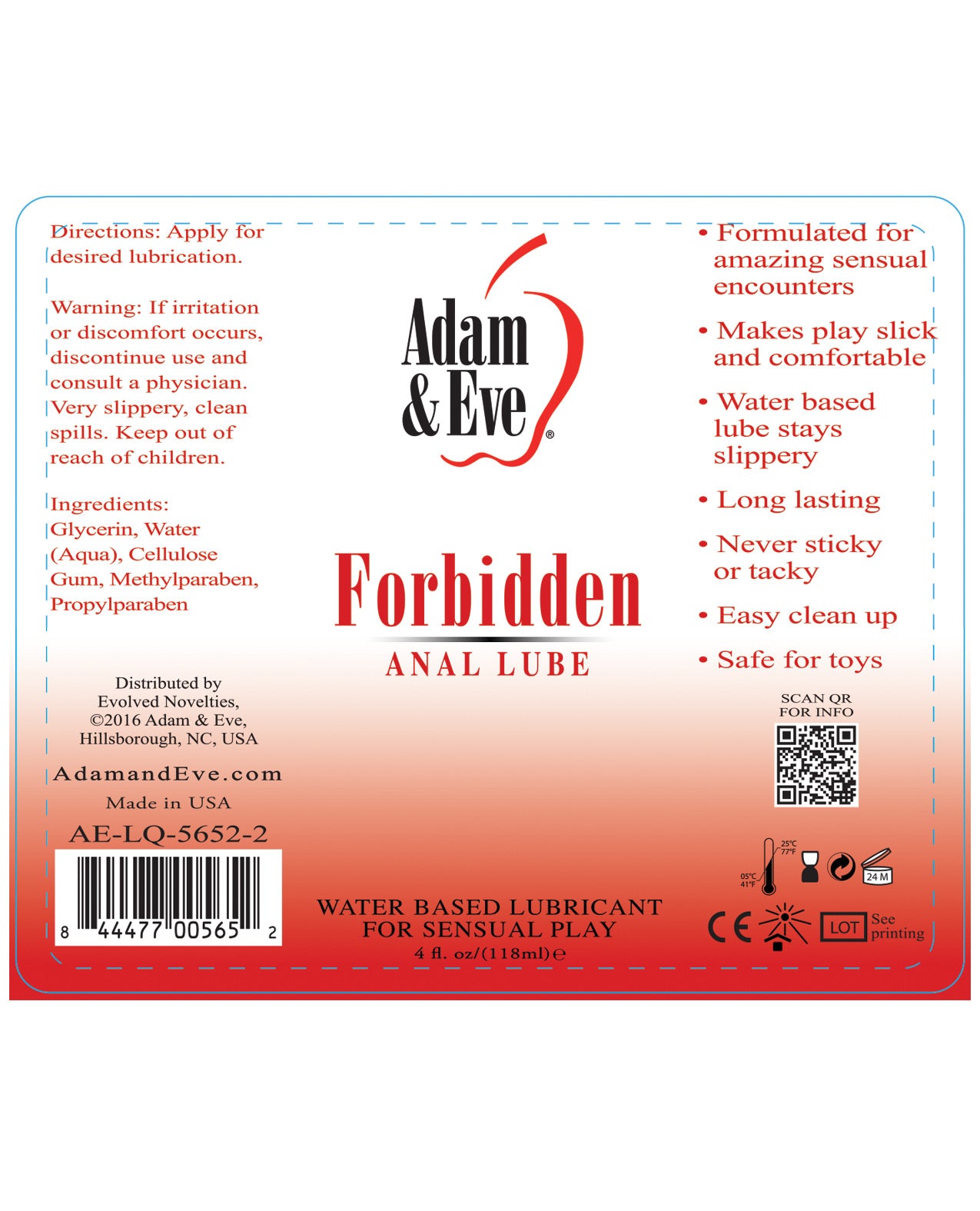 A 4 oz bottle of Adam & Eve Forbidden Anal Lubricant, featuring a sleek design and labeled for anal play, showcasing its thick, water-based formula.