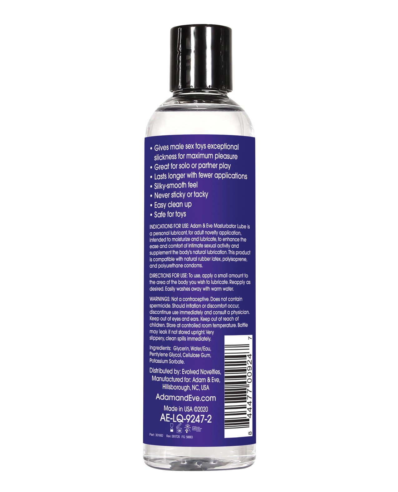 An 8 oz bottle of Adam & Eve Masturbator Lube, featuring a sleek design and water-based formula for enhanced pleasure.