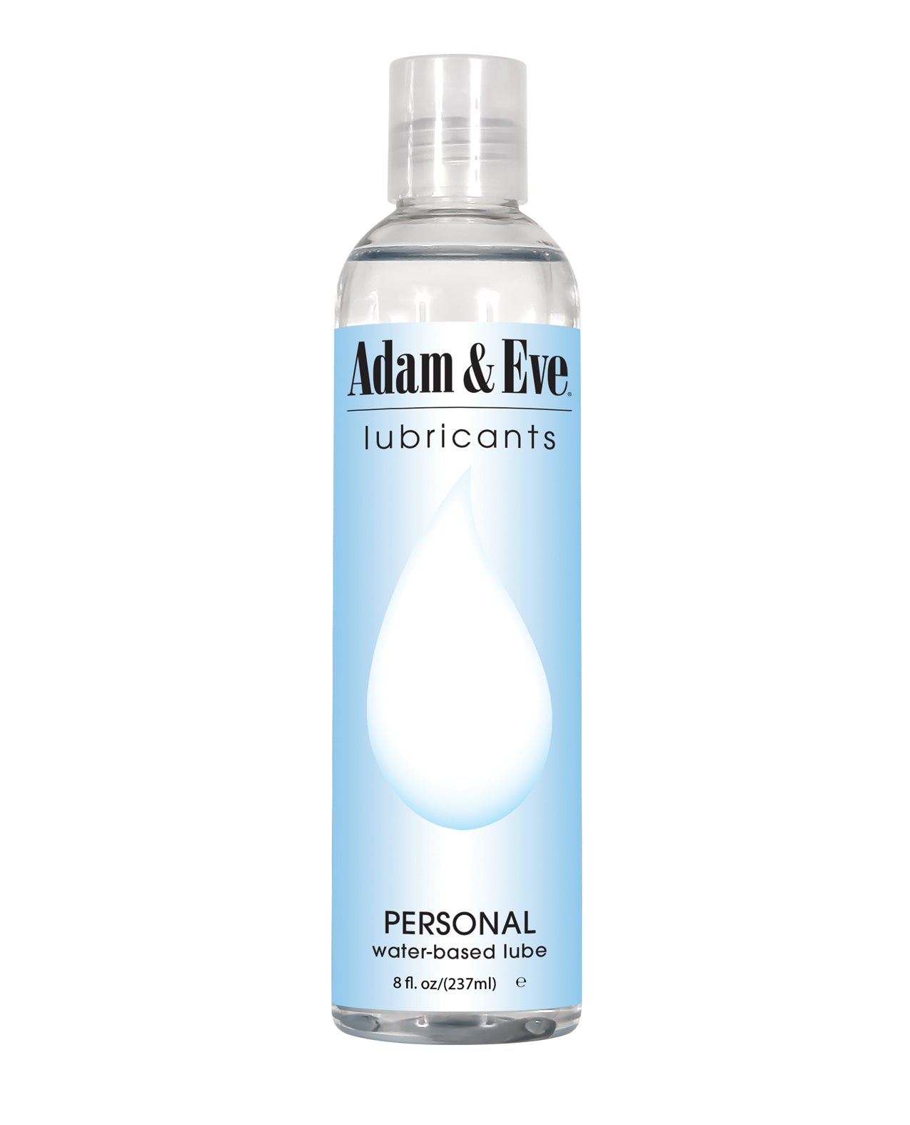 Adam & Eve Personal Water-Based Lubricant 8 oz bottle, featuring a sleek design and clear label, perfect for enhancing intimate experiences.