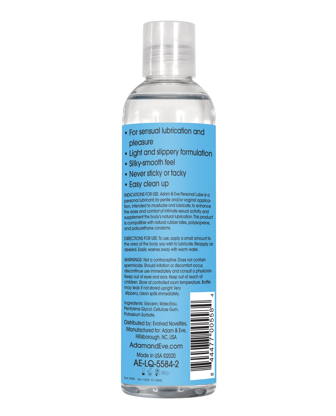 Adam & Eve Personal Water-Based Lubricant 8 oz bottle, featuring a sleek design and clear label, perfect for enhancing intimate experiences.