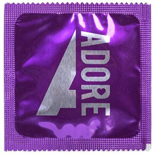 Adore Extra Sure condoms displayed in a pack, showcasing their transparent design and extra safe latex material.