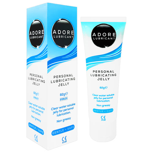 Adore Lubricating Jelly 82g bottle, featuring a sleek design and clear gel, ideal for enhancing intimacy and safe for use with condoms.