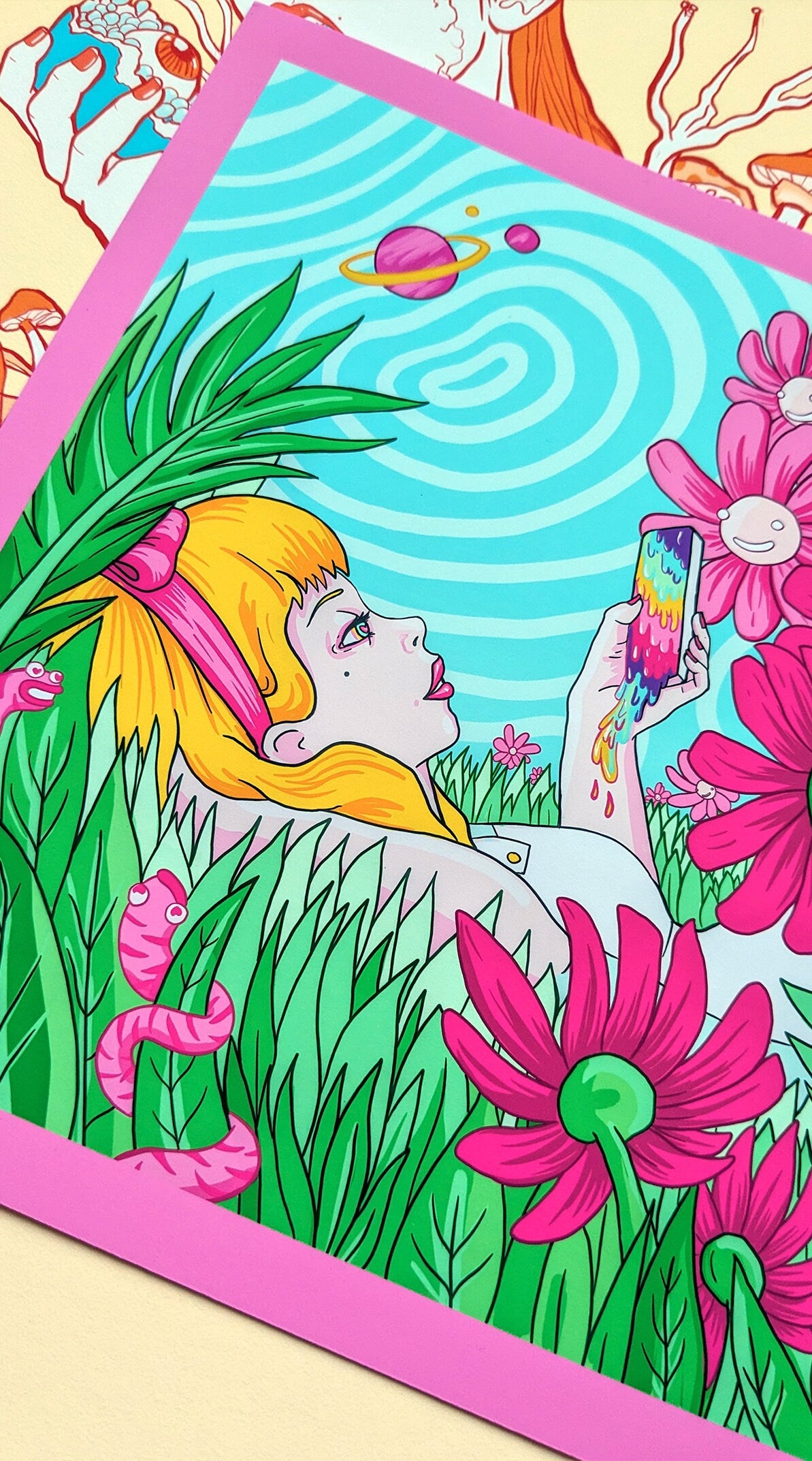 Digital art print 'Alice On Flowers' featuring pastel colors and pop culture symbols, representing modern online habits.