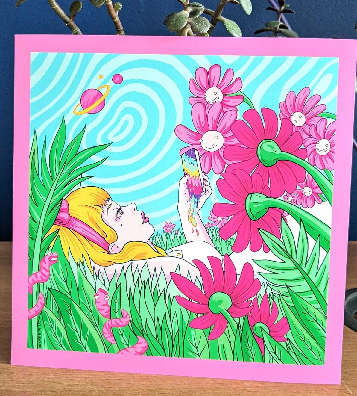 Digital art print 'Alice On Flowers' featuring pastel colors and pop culture symbols, representing modern online habits.