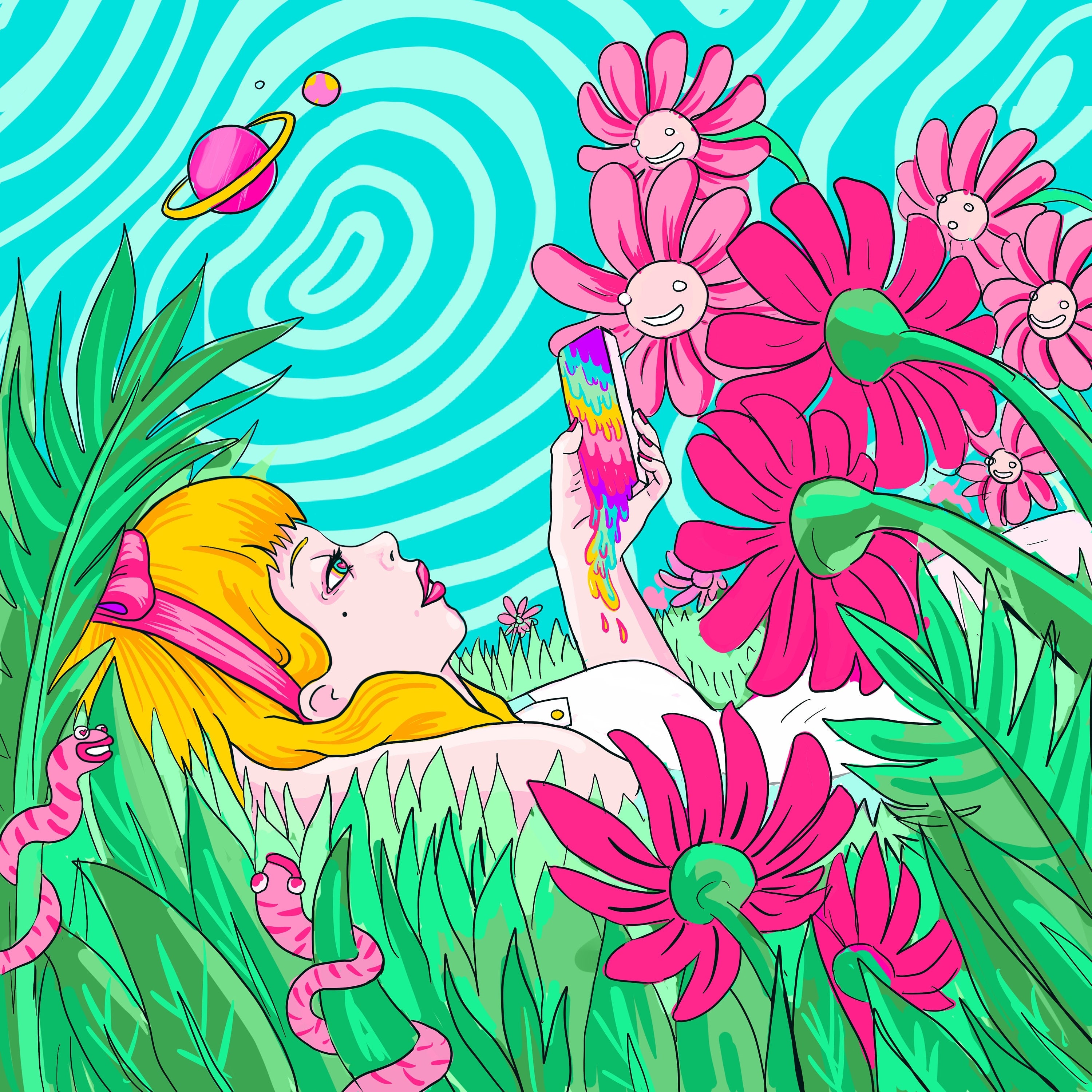 Digital art print 'Alice On Flowers' featuring pastel colors and pop culture symbols, representing modern online habits.