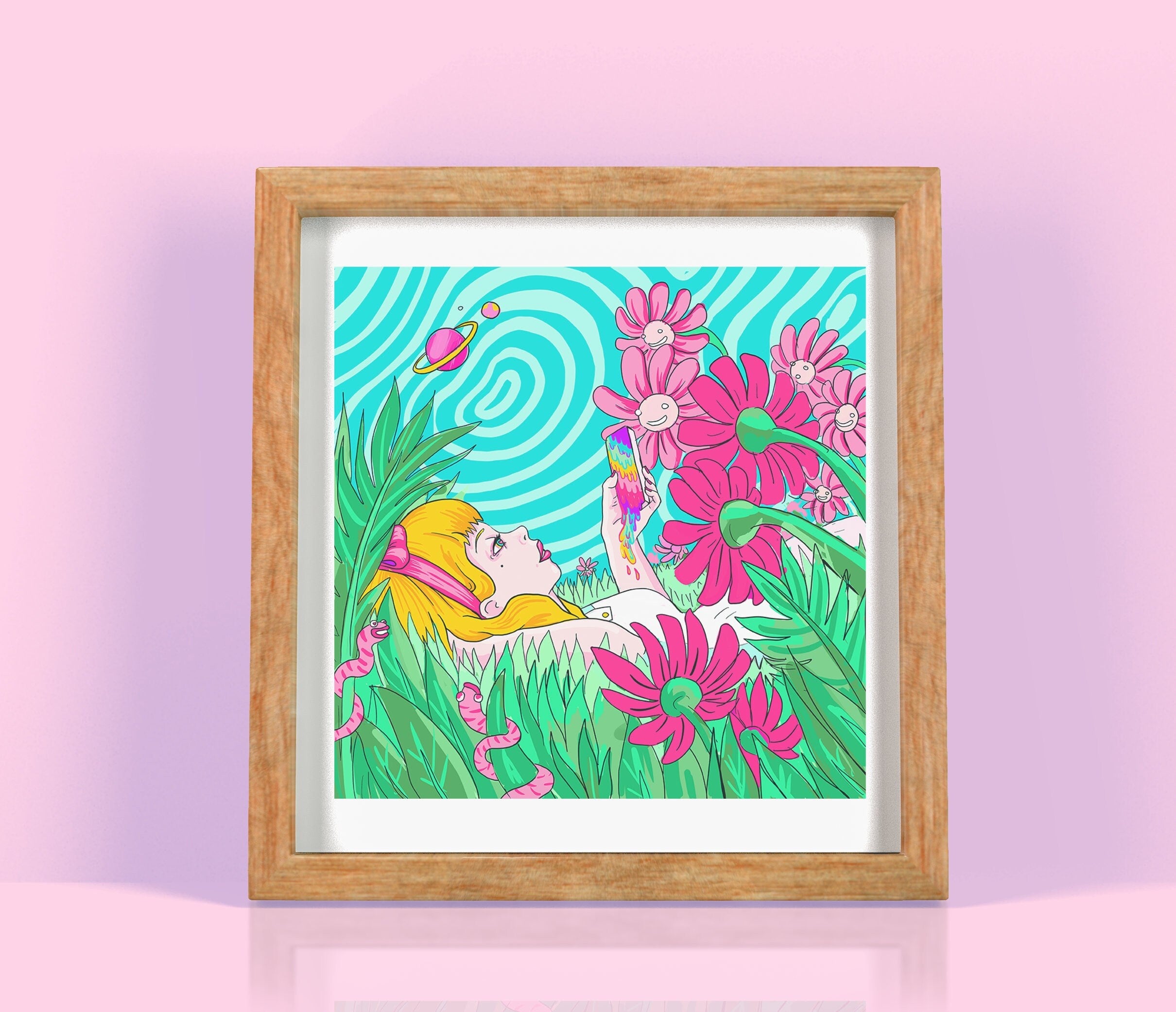 Digital art print 'Alice On Flowers' featuring pastel colors and pop culture symbols, representing modern online habits.