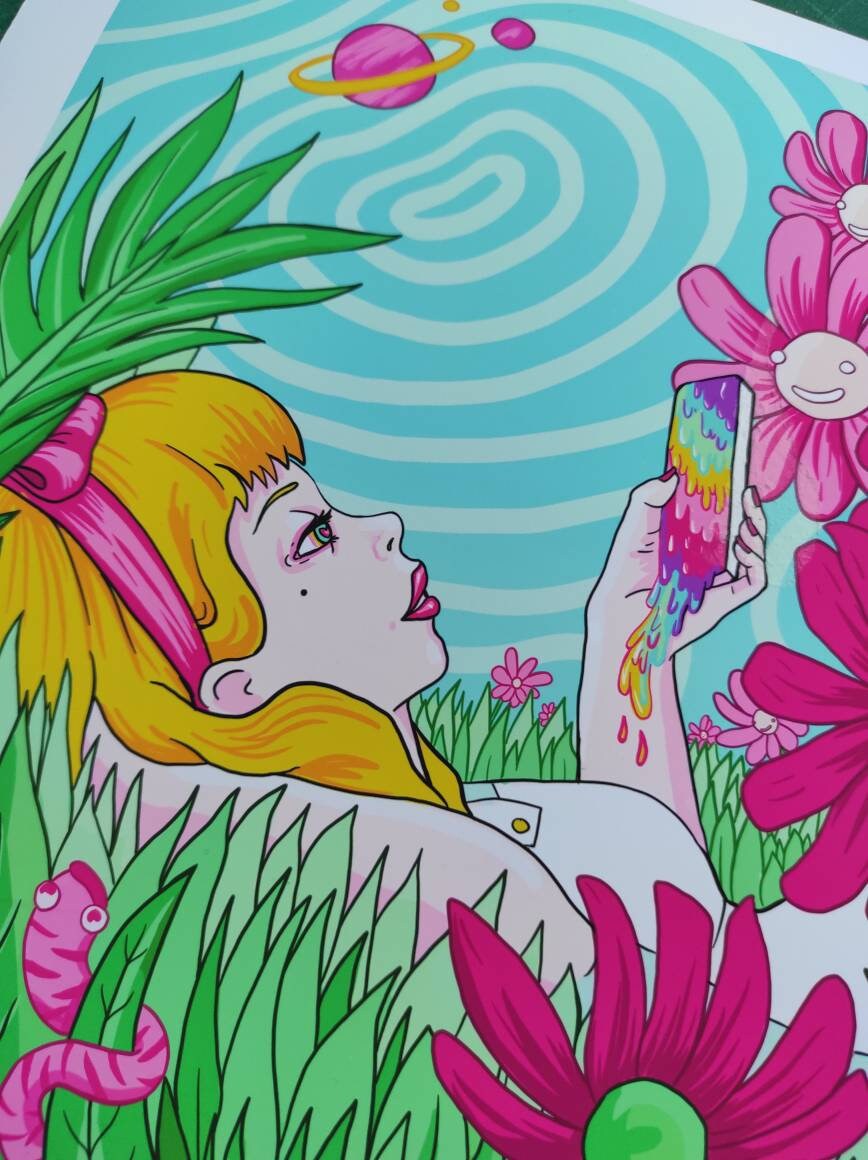 Digital art print 'Alice On Flowers' featuring pastel colors and pop culture symbols, representing modern online habits.