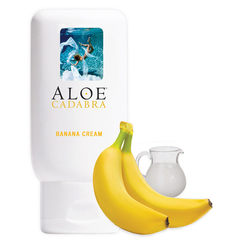 Aloe Cadabra Organic Banana Cream 74 ml bottle with a vibrant banana design, showcasing its premium water-based lubricant for enhanced pleasure.