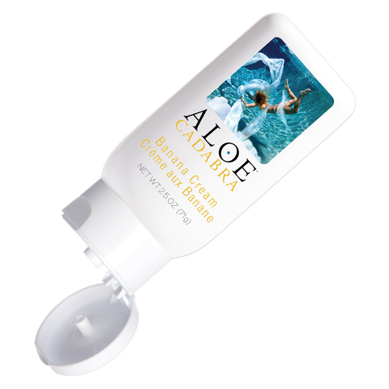 Aloe Cadabra Organic Banana Cream 74 ml bottle with a vibrant banana design, showcasing its premium water-based lubricant for enhanced pleasure.