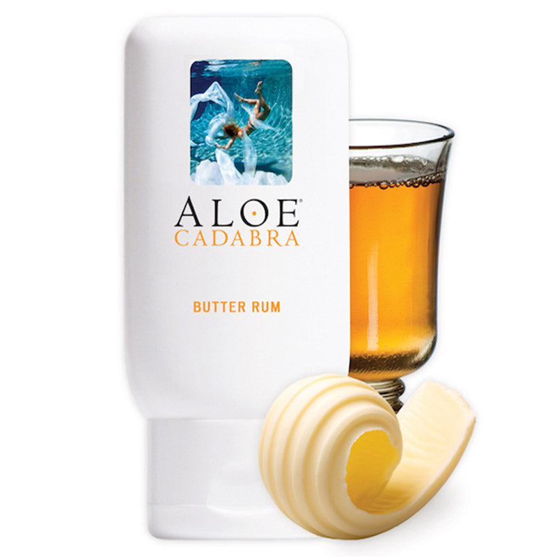 Aloe Cadabra Organic Butter Rum lubricant in a 74 ml bottle, featuring a sleek design and vibrant labeling that highlights its organic ingredients and delicious flavor.