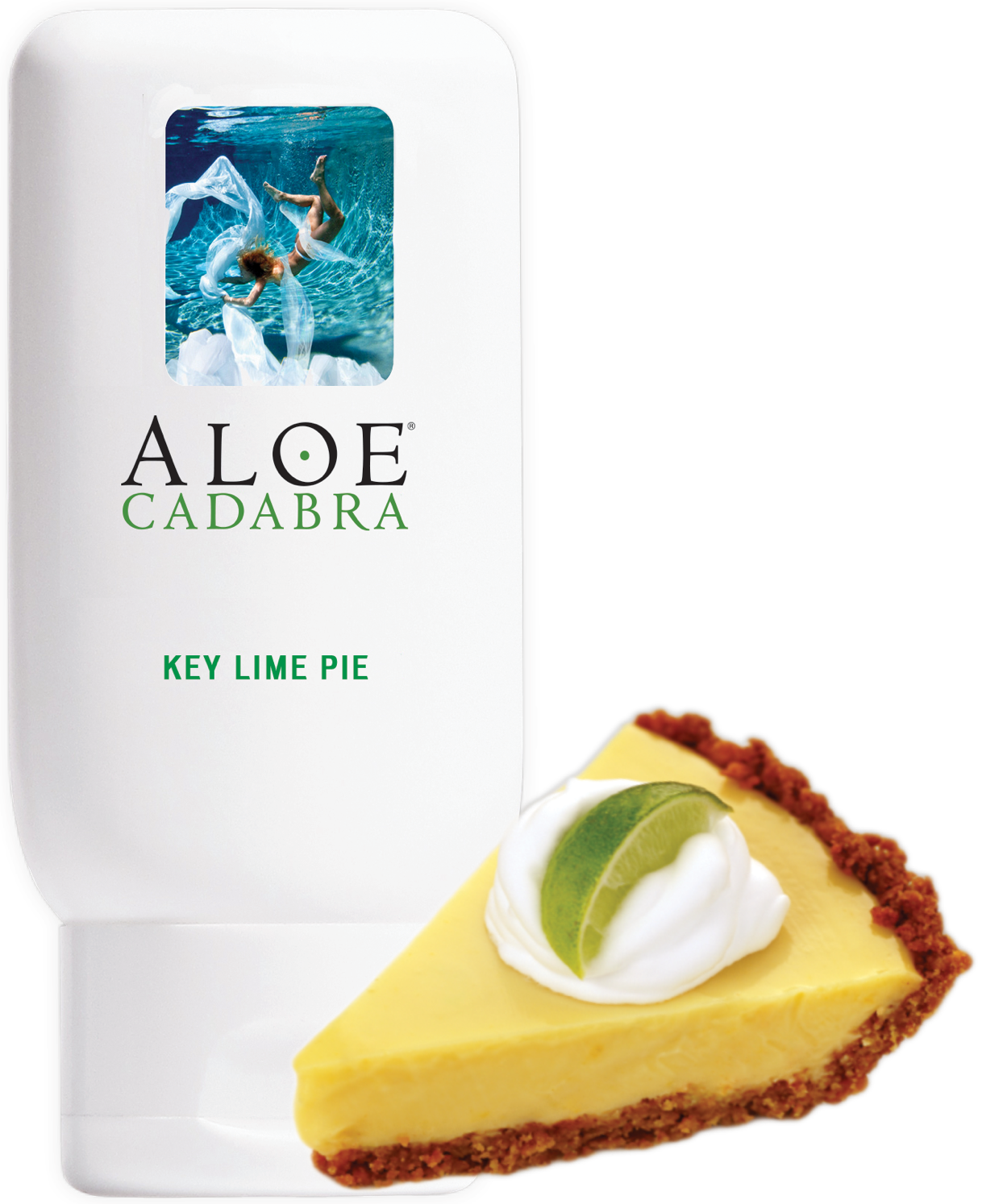 Aloe Cadabra Organic Key Lime Pie lubricant bottle, featuring a vibrant label with key lime pie imagery, showcasing its organic and water-based formula.