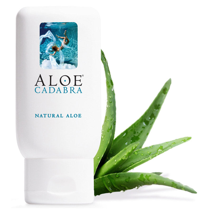 Aloe Cadabra Organic Natural 74 ml lubricant bottle featuring a sleek design with a label highlighting its organic Aloe vera content.