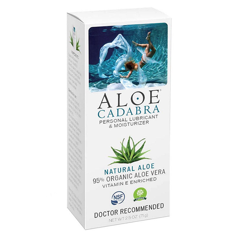 Aloe Cadabra Organic Natural 74 ml lubricant bottle featuring a sleek design with a label highlighting its organic Aloe vera content.