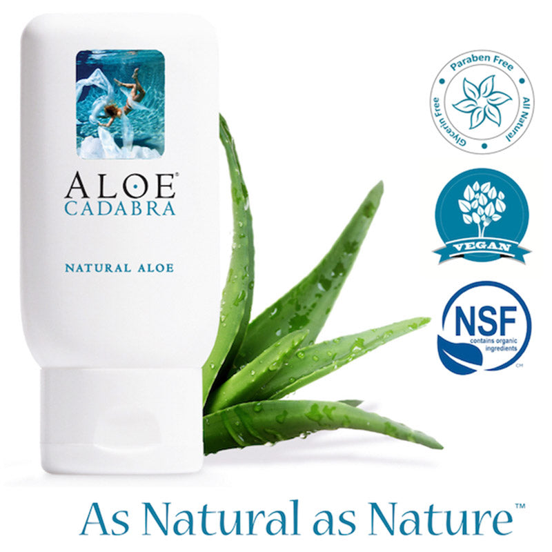 Aloe Cadabra Organic Natural 74 ml lubricant bottle featuring a sleek design with a label highlighting its organic Aloe vera content.