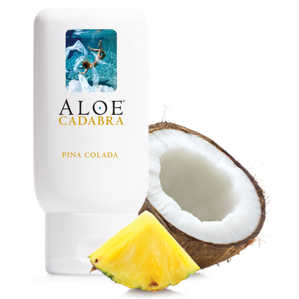 Aloe Cadabra Organic Pina Colada 74 ml lubricant bottle with a tropical design, showcasing its organic ingredients and delicious flavor.