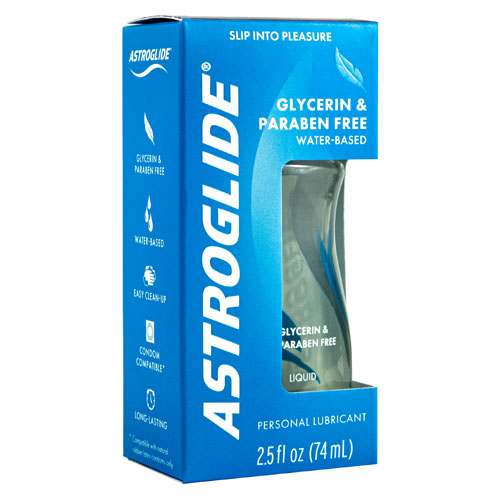 Astroglide Glycerin & Paraben Free 74ml bottle with a sleek design, showcasing its hypoallergenic and water-based lubricant formula.