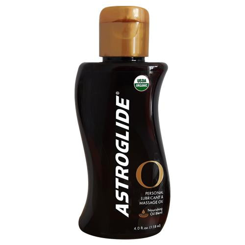 Astroglide O Organic Oil 4fl.oz bottle with a luxurious design, showcasing its organic ingredients and Ylang Ylang essence.